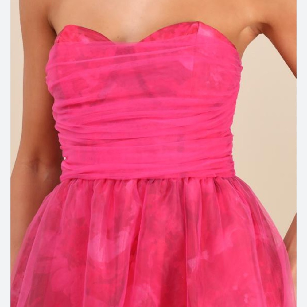 Lulus Hot Pink Strapless Midi Dress NWT | Ruched Tulle Party Dress - Picture 4 of 8